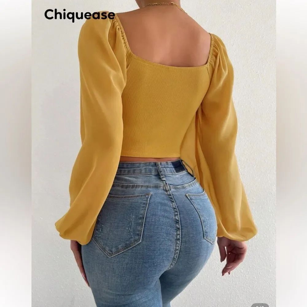 Mustard Yellow Ruched Crop Top - Picture 2 of 4